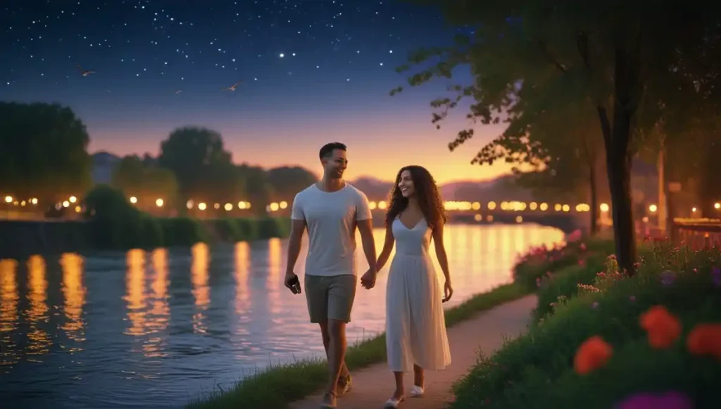 “Slow dating couple enjoying presence and peace without screens.”