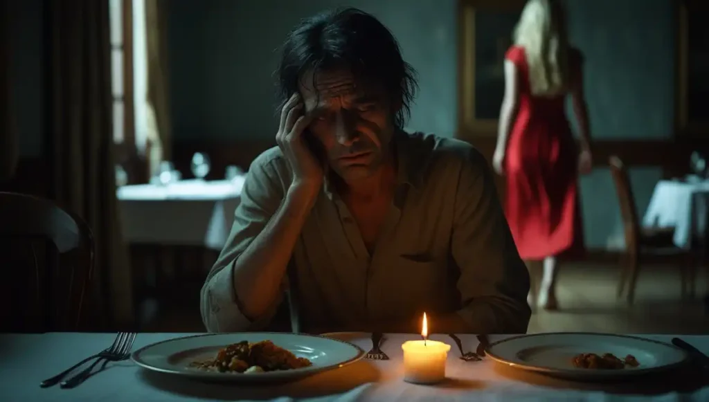 Boyfriend left alone as girlfriend cancels plans, representing emotional and time gap clues.