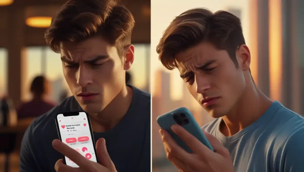Young man using dating app, frustrated.