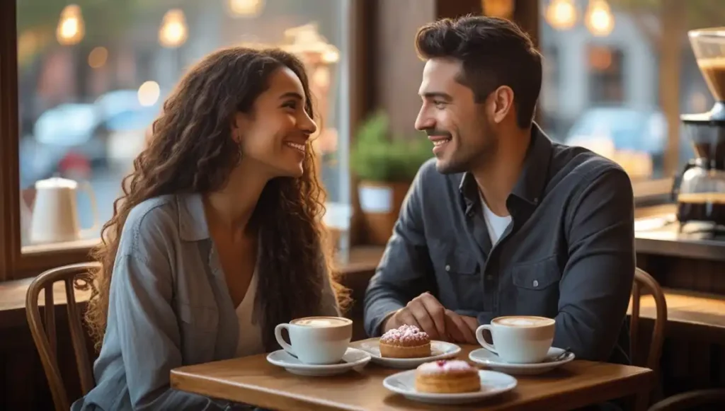 “Two people connecting deeply over coffee, representing emotional depth in slow dating.”