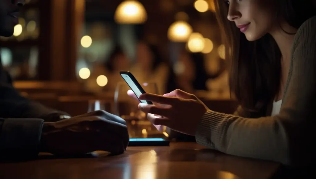 Phone lighting up a girlfriend’s face during dinner, symbolizing emotional cheating signs.