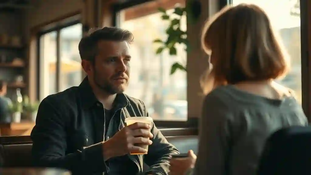 Woman showing up at the same café as the man — representing subtle pursuit and proximity attraction.