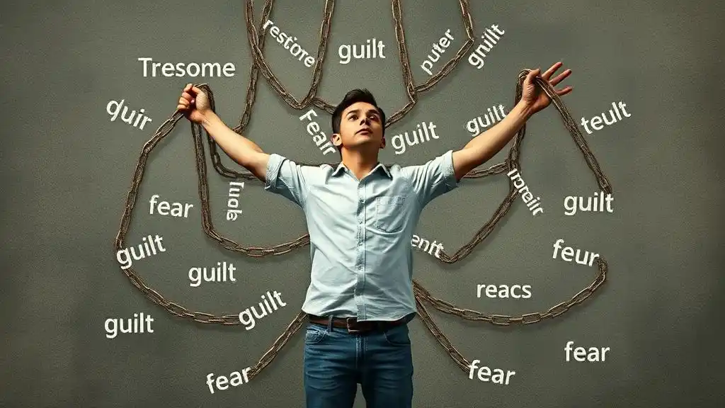 Person breaking emotional chains of guilt and fear, symbolizing release from emotional control.