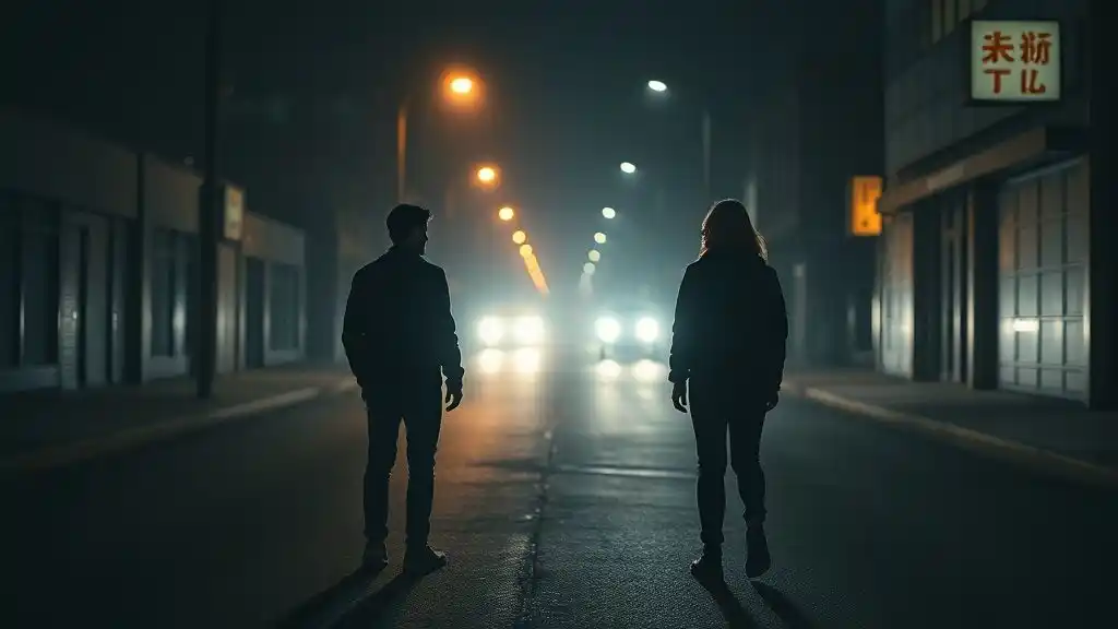 A couple parting ways under soft streetlight, symbolizing the pain of saying goodbye.