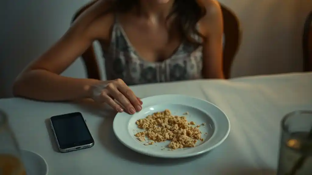 “Woman staring at an empty plate with breadcrumbs, showing how breadcrumbing keeps hope alive without real effort.”