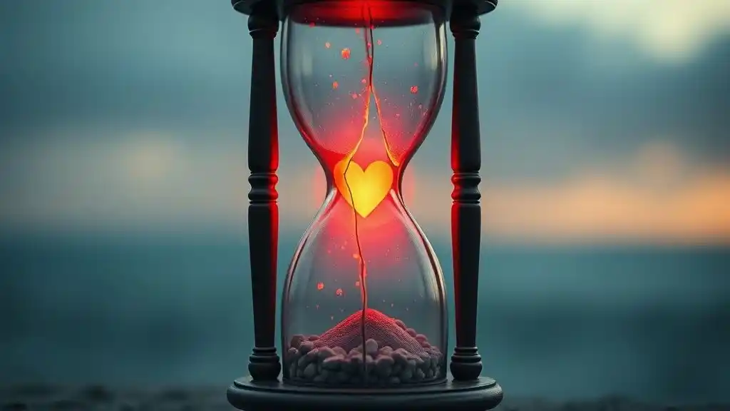 “Symbolic image of hope as a trap in toxic relationships, showing a glowing heart inside a broken hourglass.”