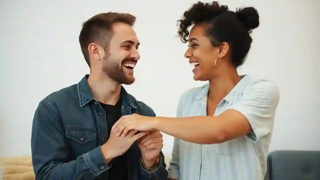 “Playful moment between two friends showing subtle physical touch and growing chemistry.”