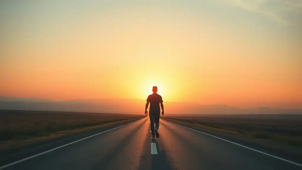 Person walking toward sunrise — symbol of emotional healing and inner peace.