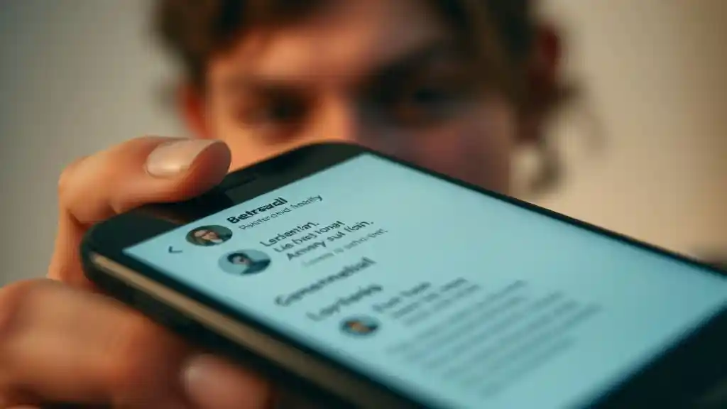 “Heartbroken woman discovering her partner’s double life through hidden messages.”