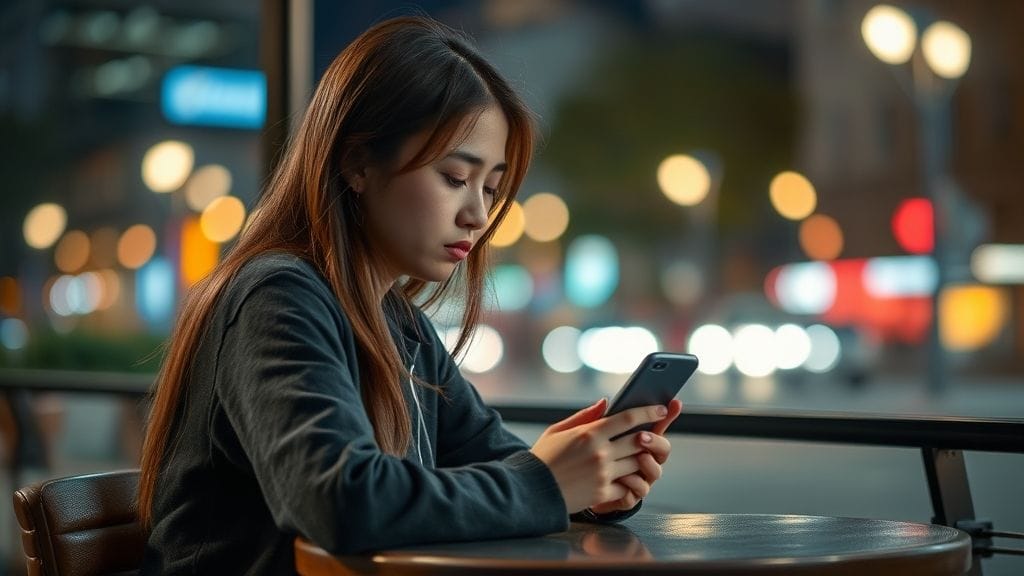 Woman staring at her phone after being ghosted on a date.