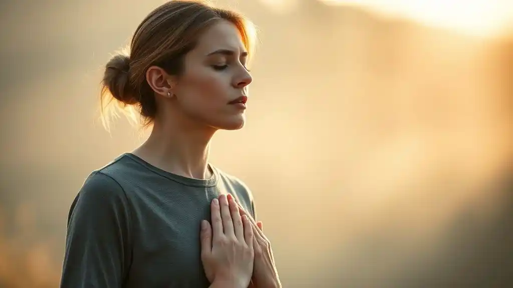A woman doing deep breathing meditation, representing body healing and restoring mind-body connection.