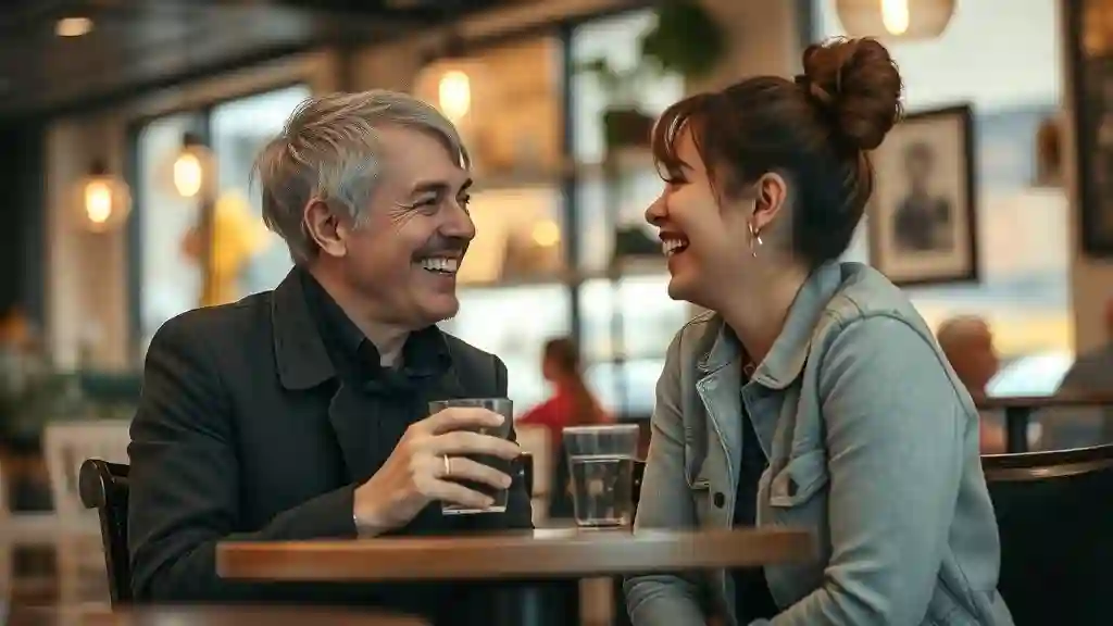 “Man and woman laughing and talking naturally, showing engaging conversation flow.”