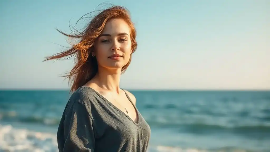 Woman standing peacefully by the ocean symbolizing emotional healing and freedom.