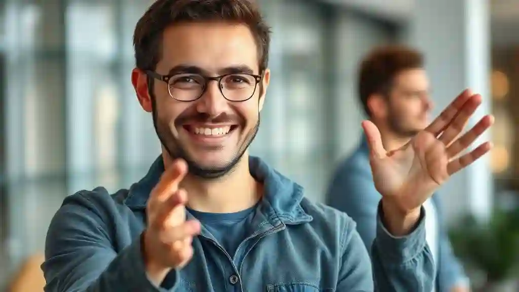 “Confident man showing good eye contact and relaxed posture while talking.”
