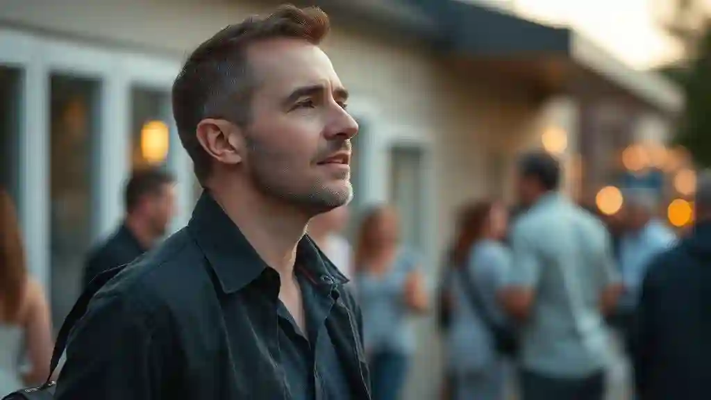 “Man taking a deep breath to calm nerves before talking to a woman.”