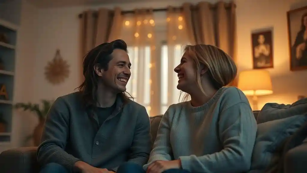 Couple laughing in their apartment before breakup, symbolizing past love