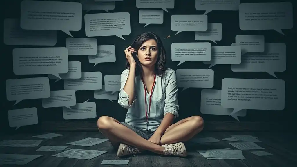 Person surrounded by floating speech bubbles.