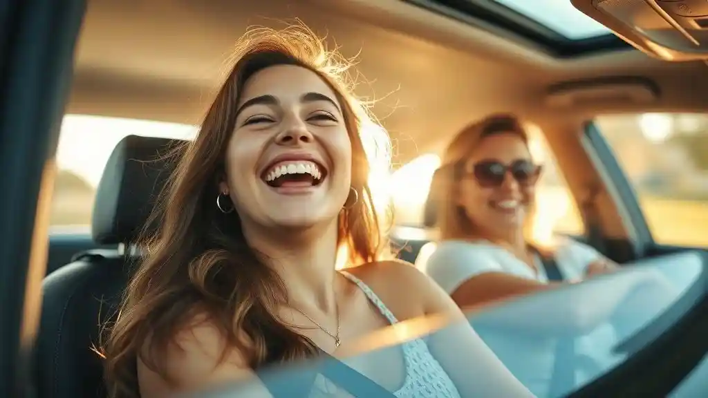 Happy woman laughing with friends before losing herself in love.