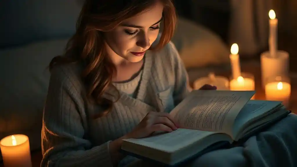 Woman journaling at night to heal and rediscover herself after heartbreak.