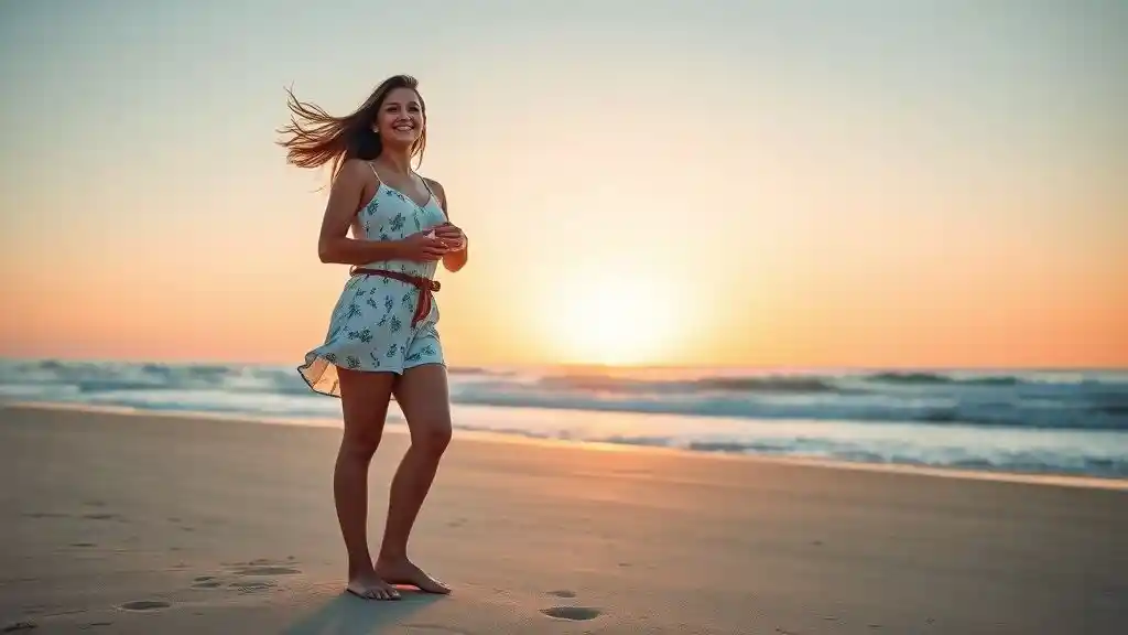 Woman standing on a beach at sunrise symbolizing freedom and self-love.