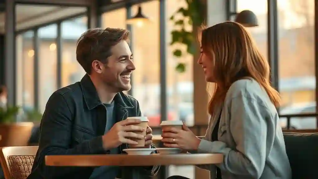 Two people talking over coffee on a first date in a cozy café