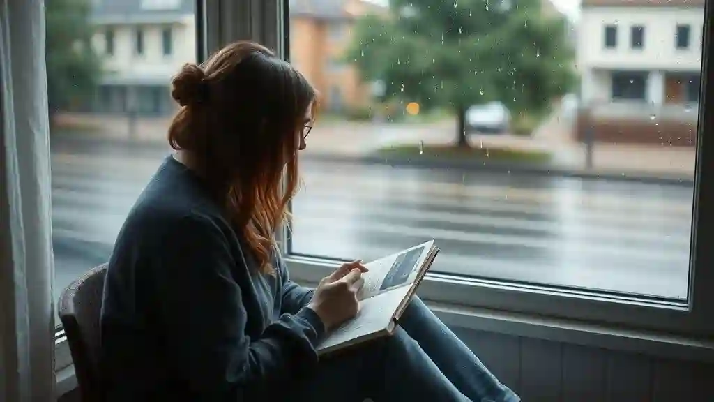 “Person journaling by a rainy window, reflecting on true feelings before replying to an ex.”