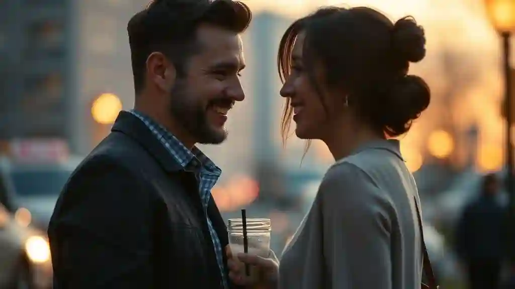 Couple saying goodbye after a first date, smiling warmly under evening lights.