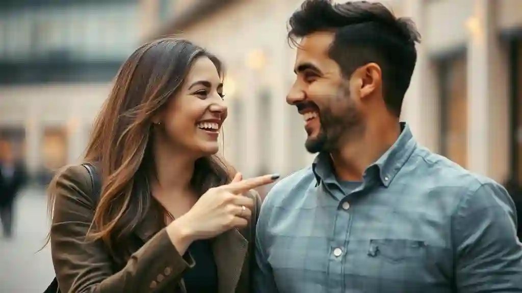 Playful teasing between a man and woman — representing flirtation and confidence testing in attraction.