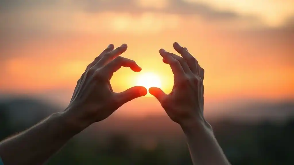 Two hands gently parting at sunset, symbolizing a peaceful and compassionate breakup.
