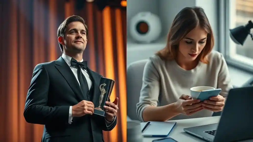 Man winning award while woman watches from phone feeling left behind