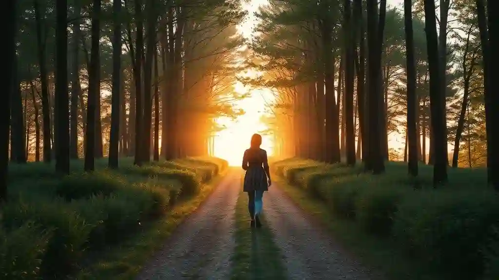 Woman walking through a forest at sunrise, symbolizing emotional healing and self-rediscovery.