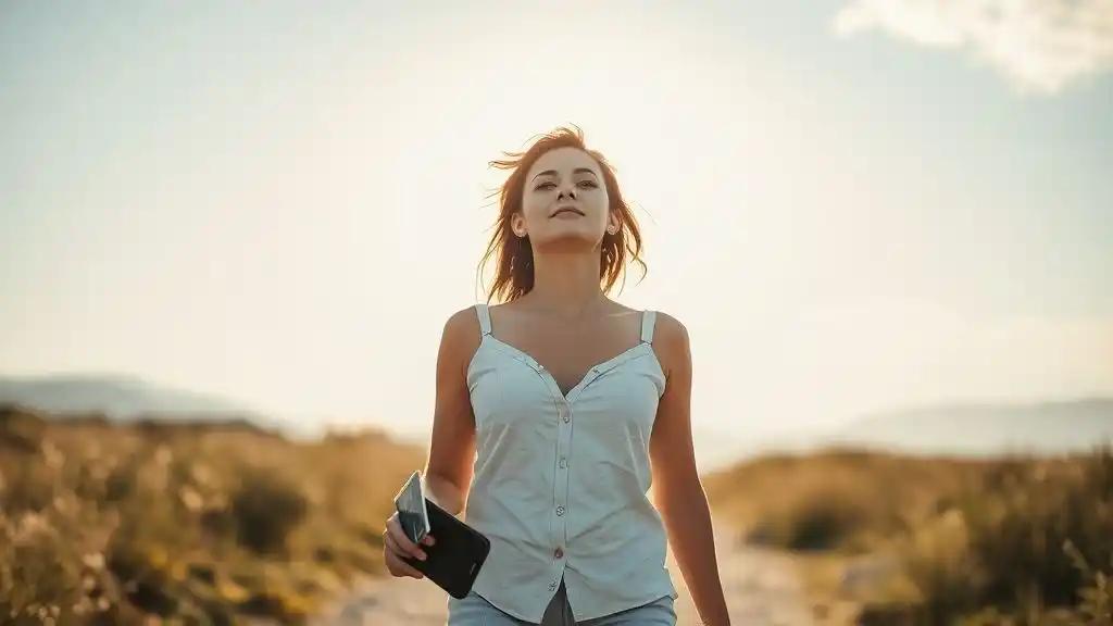 Woman walking away from deceitful partner, reclaiming peace