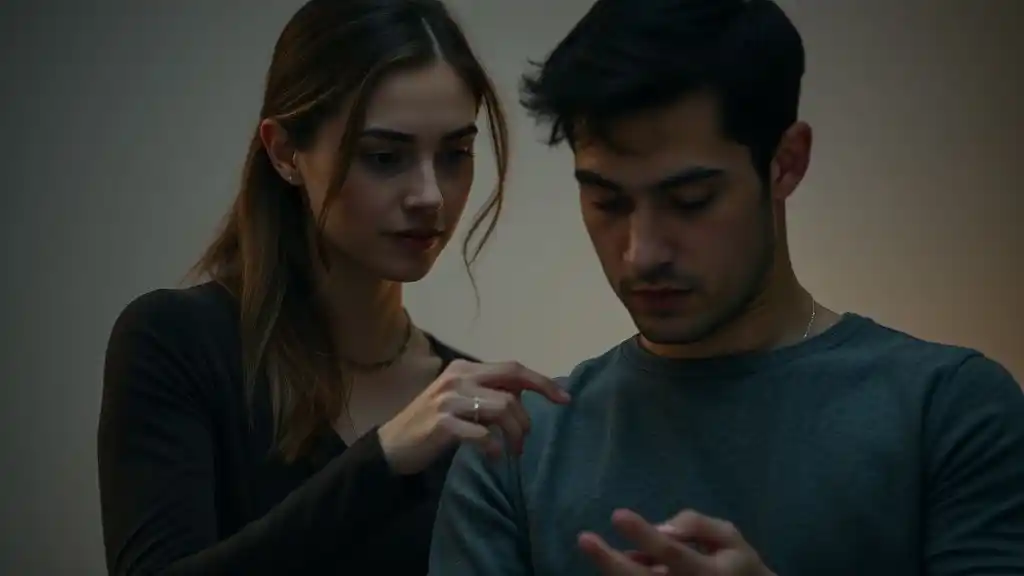 “Woman observing how man reacts under subtle emotional test”