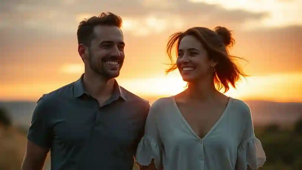 Man and woman walking together at sunset — symbolizing mutual attraction and emotional connection.