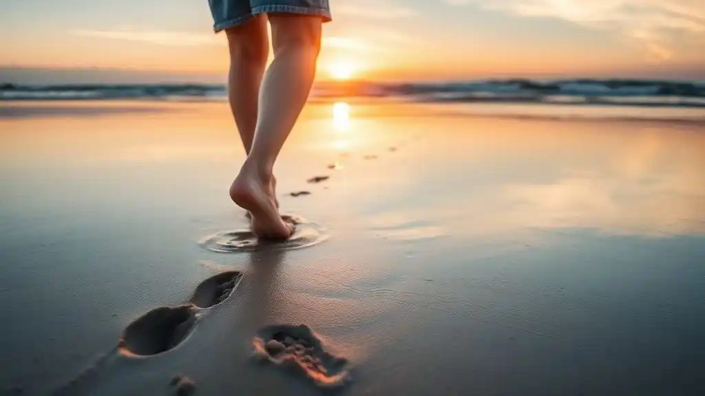 Person walking along the beach at sunrise, symbolizing emotional healing and new beginnings after leaving someone.