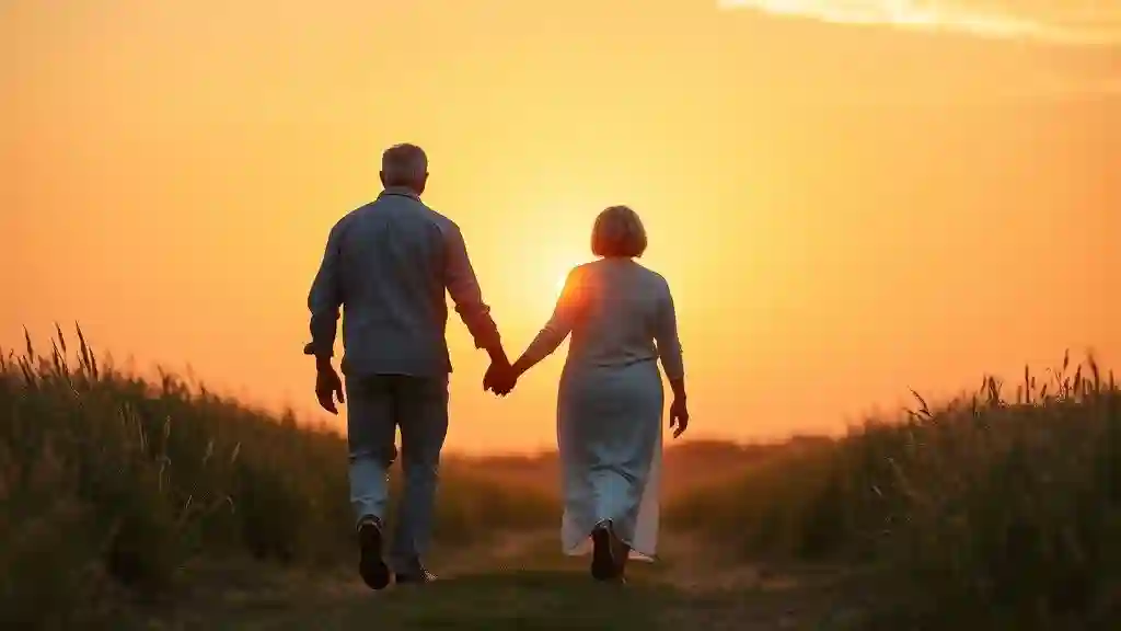 “Couple walking at sunset representing mature love and the conscious choice stage.”