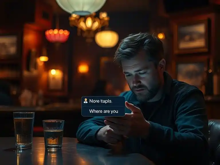 Man looking at his phone with “Where are you?” text message — symbolizing emotional tension between care and control.