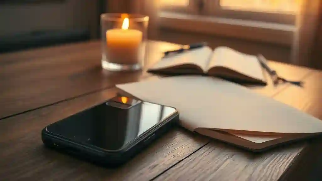 Phone facedown beside a candle and journal representing the quiet truth behind silence after a breakup.