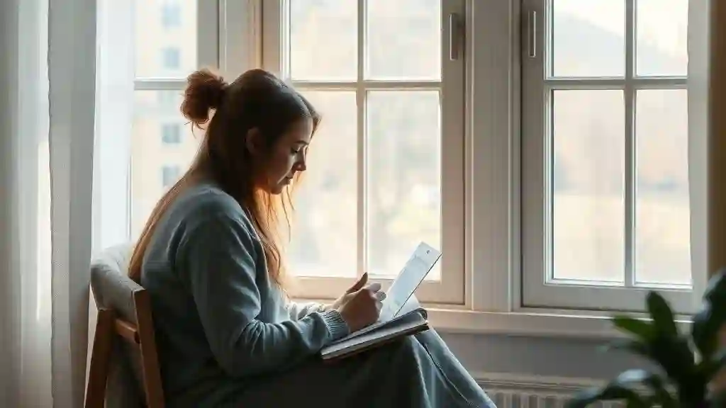 Woman journaling quietly by a window to process emotions instead of texting her ex again.