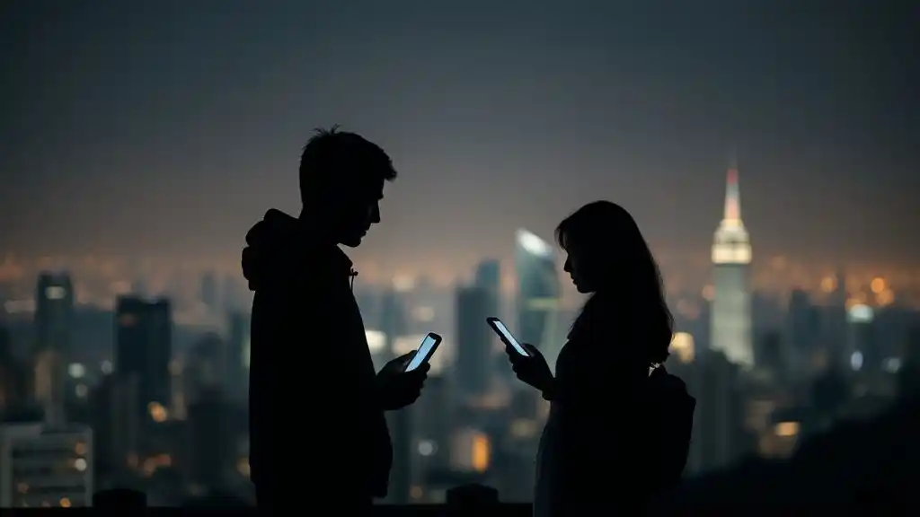 Silhouette couple holding phones under city lights — symbolizing trust and independence in relationships.