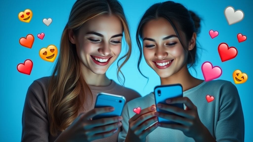 Couple expressing love through smartphones and digital connection.”