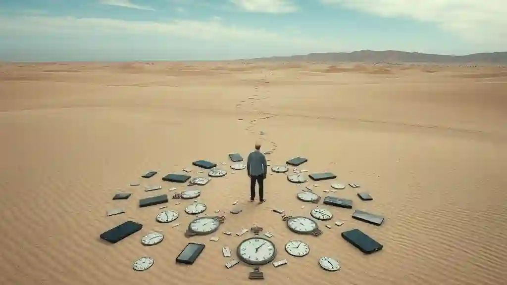 Person trapped in symbolic quicksand of clocks and phones, showing emotional obsession.