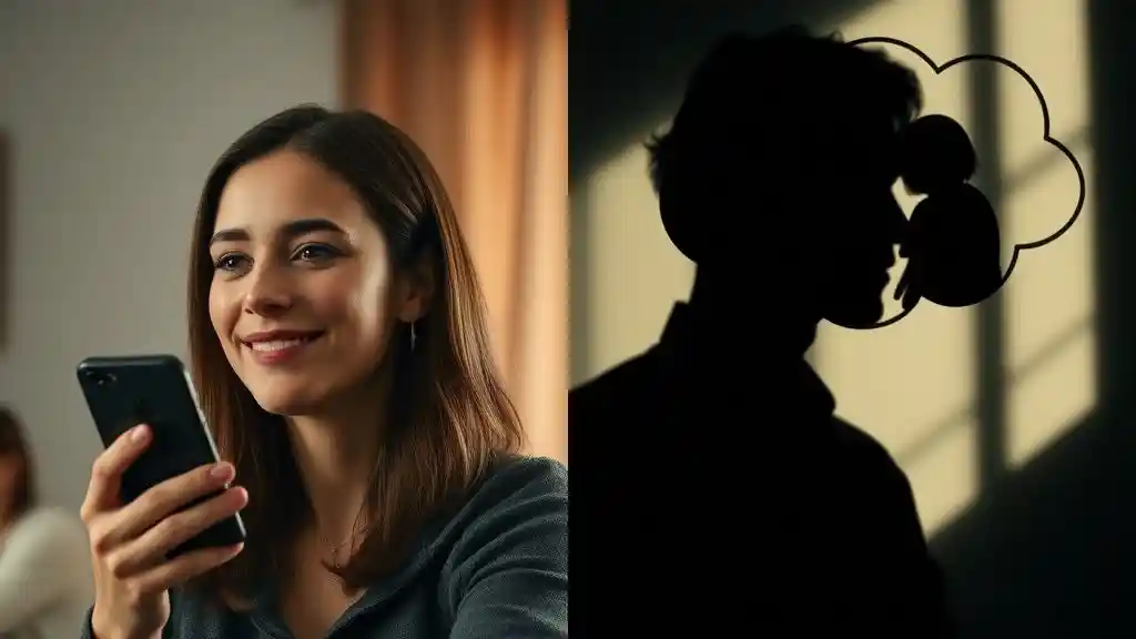 Visual metaphor of a woman mentally comparing herself to a man’s past relationships — hidden loyalty screening.