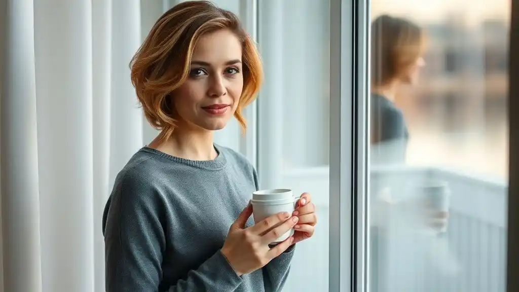 Woman reflecting calmly by a window after choosing emotional boundaries.