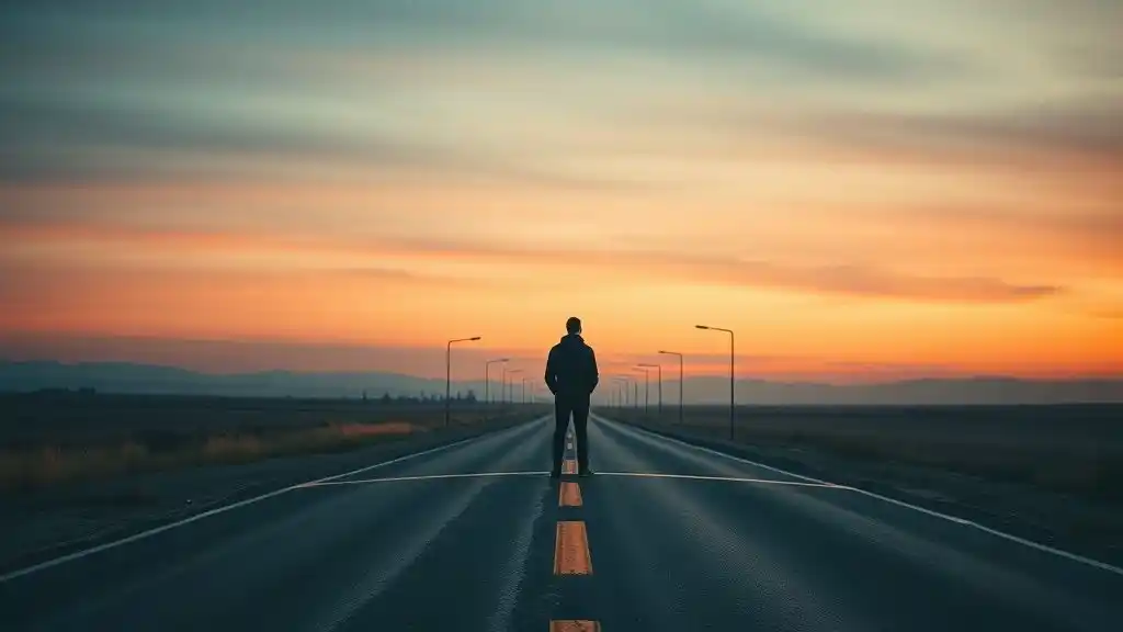 A person standing at a crossroads, symbolizing the struggle between fear and freedom.