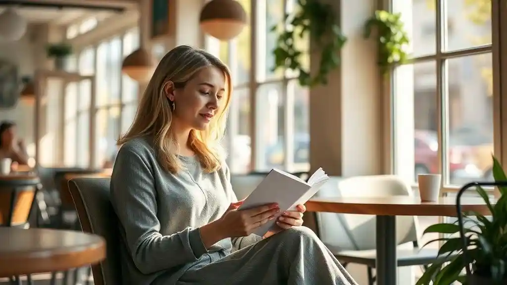 “Woman sitting alone in a cozy café, journaling and rediscovering herself after heartbreak.”
