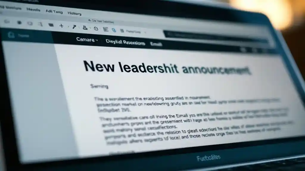 Laptop showing new leadership email revealing ex-boyfriend as CEO