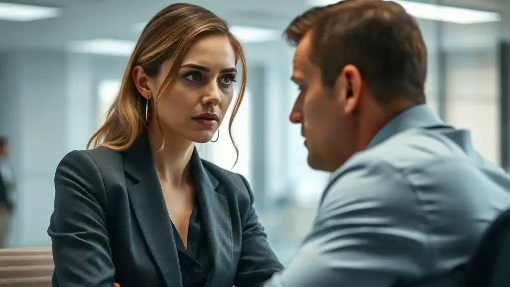 Tense office meeting between a woman and her ex-boyfriend who is now her boss.