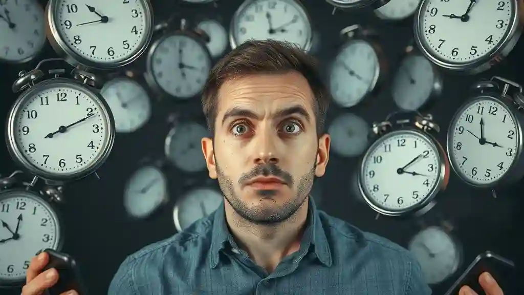 Man surrounded by clocks and phones representing time lost to obsession and doubt.