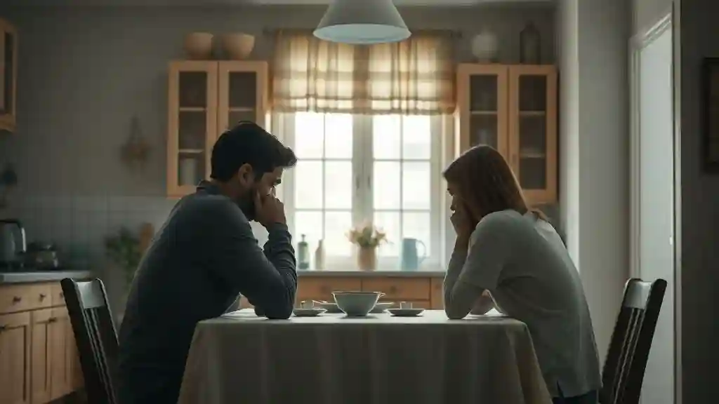 Couple sitting silently at table under soft light symbolizing unspoken truth and emotional distance.